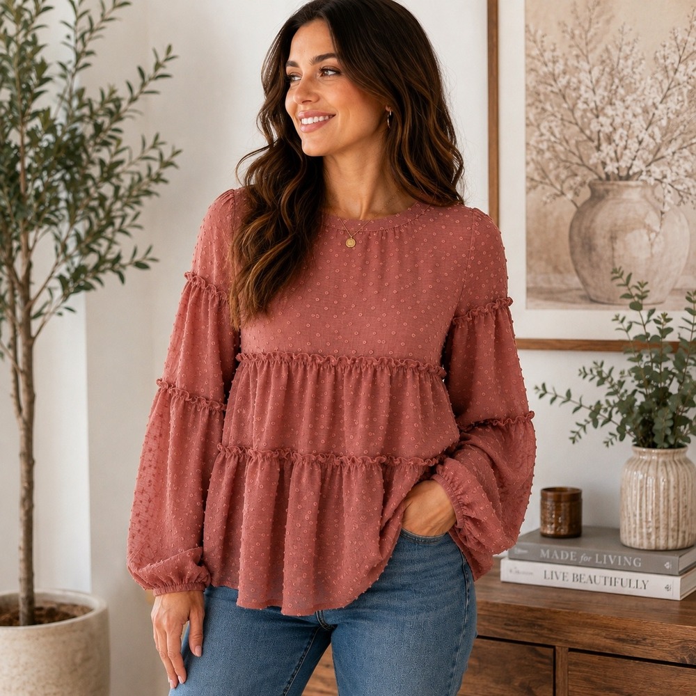 Listicle Swiss Dot Tiered Babydoll Blouse Dusty Rose Balloon Sleeve Small